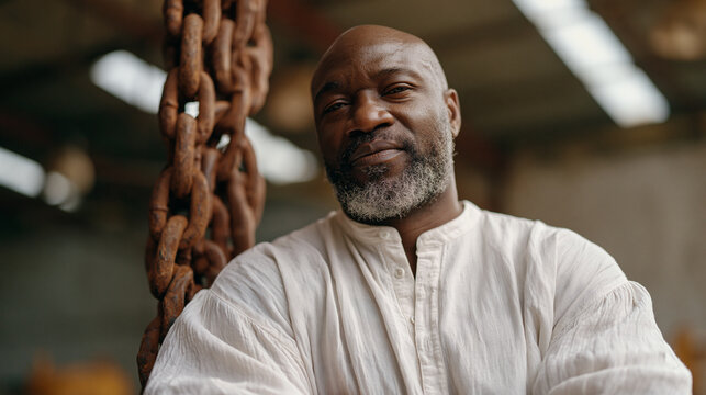 Ghanaian male entrepreneur standing before a snapped industrial chain hanging from a warehouse ceiling under stark halogen light, disruption metaphor for breaking legacy processes