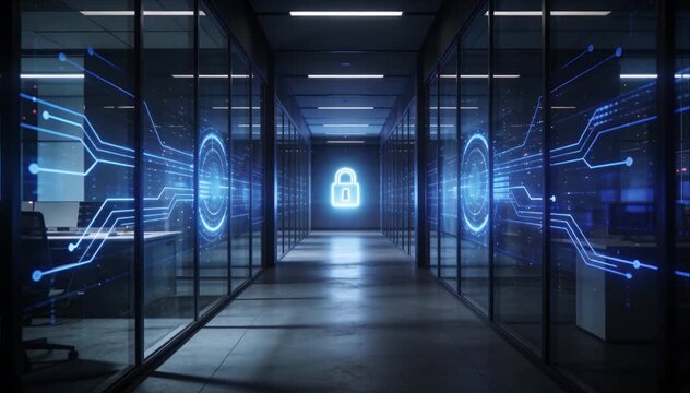 Cybersecurity awareness data protection digital network hallway secure server encryption technology modern office interior and futuristic server room concept with glowing blue neon corridor
