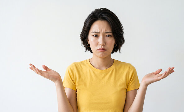 A confused young woman shrugging her shoulders in a yellow t-shirt