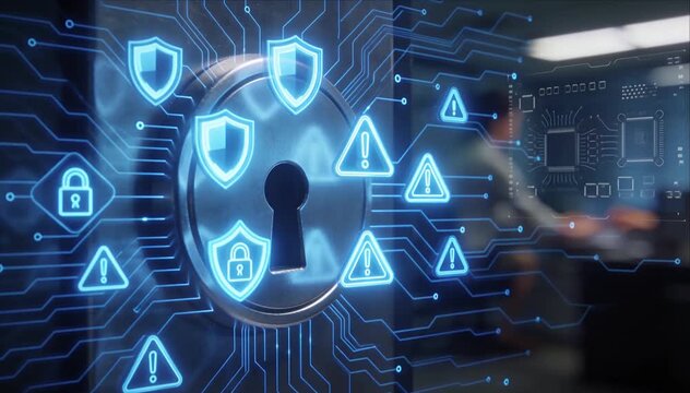 Cybersecurity awareness data protection digital lock network security shield glowing interface icon warning symbol secure access technology system privacy alert connection secure network access