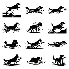 Fototapeta premium Dogs playing in water activities silhouette set