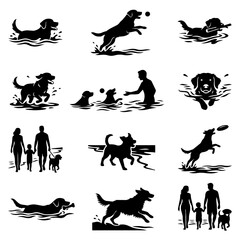 Fototapeta premium Dog silhouettes playing swimming and walking with people