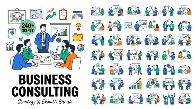 Business consulting strategy and growth bundle, 240 plus scenes of professional corporate teamwork, hand drawn office meeting and data analysis vector set
