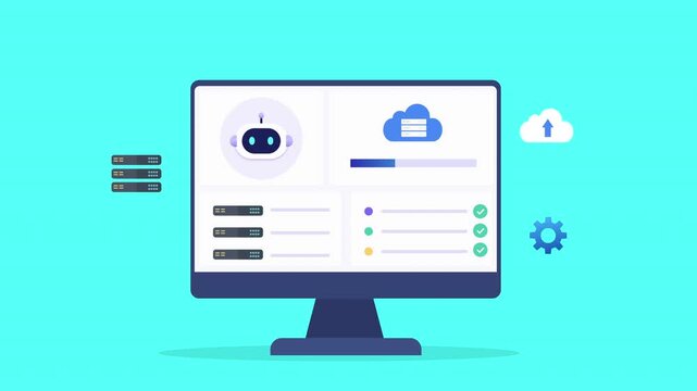 Animated flat vector dashboard featuring an AI assistant, server management panel, cloud storage, and system settings. Modern technology interface for automation, monitoring, and digital infrastructur
