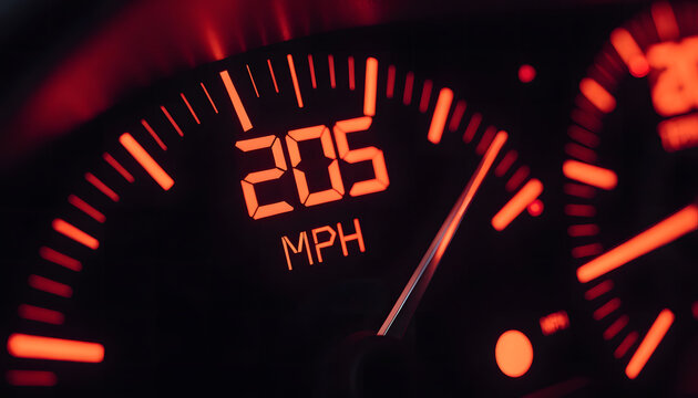 Blurred car speedometer showing 205 km/h