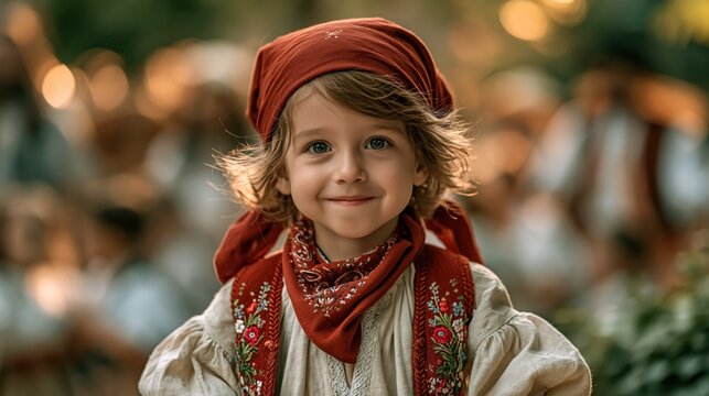 Cheerful child dressed in a miniature traditional Galician costume, tiny embroidered vest and red kerchief, bright curious eyes, candid genuine smile, festive crowd blurred in background