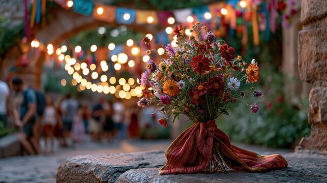 Colorful paper garlands and ribbons decorating a stone archway during Fiesta de Santiago, string lights glowing warmly, wildflower bouquet tied with red and gold fabric in foreground