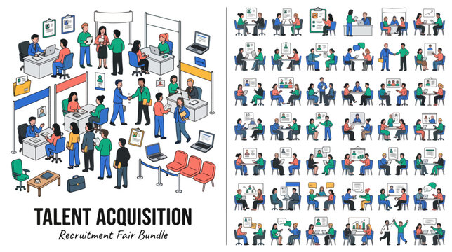 Talent acquisition recruitment fair bundle, isometric business people hiring set, job interview and career expo vector illustrations