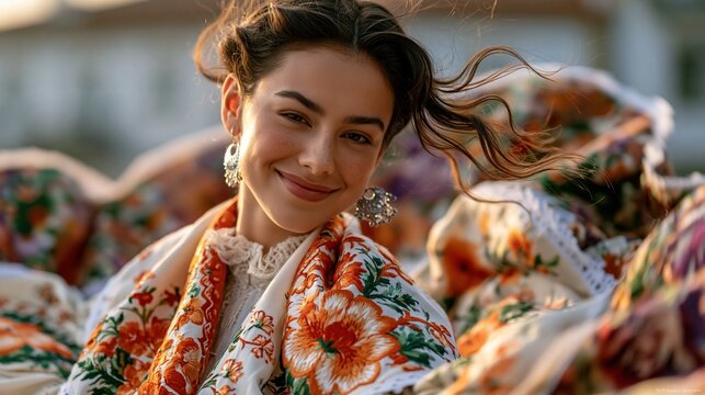 Young Galician folk dancer mid-twirl, joyful expression, flowing embroidered skirt captured in motion blur at the edges, silver earrings catching the light