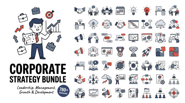 Corporate strategy bundle with 780 business icons, leadership and management vector elements, professional growth and development symbols