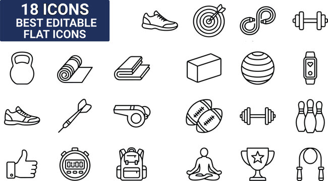 Fitness and sports linear icon set featuring sneaker dumbbell kettlebell mat yoga timer trophy and backpack vector line illustration templates