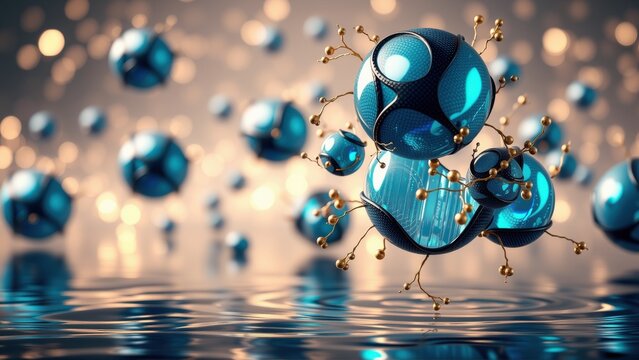 Blue spheres connected, floating above water. Golden lines link structures, creating complex molecular visuals. Dark background enhances glow.