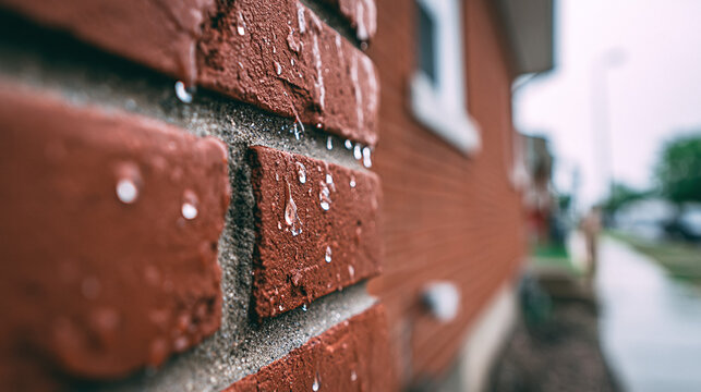 Raindrops on Red Brick Wall, Urban Background, Residential Scene, Wet Day