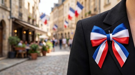 French tricolor ribbon on formal clothing with historic street and national flags in the background. Bastille Day, French National Day, patriotism and national celebration concept