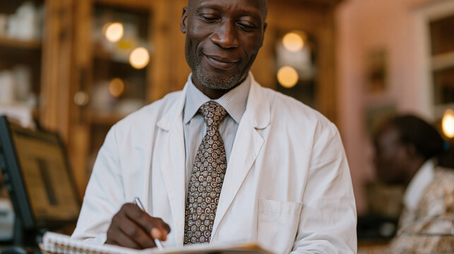 Ghanaian pharmacy manager standing in a medication storage room documenting controlled substance inventory discrepancies in a drug diversion prevention logbook, secured cabinet