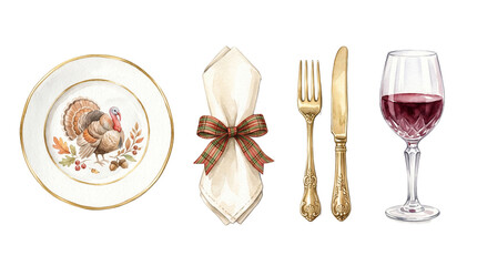 Fototapeta premium Watercolor thanksgiving table setting elements set with turkey plate plaid ribbon napkin gold cutlery and red wine glass