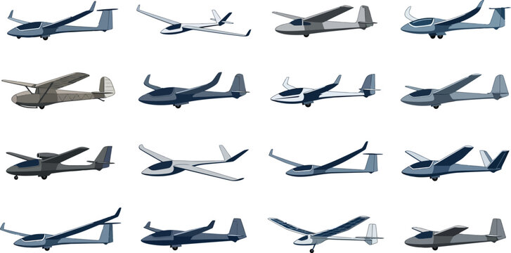 Collection of different glider aircraft designs in a flat vector style for aviation enthusiasts