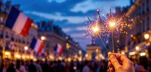 Hand holding sparklers during Bastille Day celebration with French flags and festive evening lights. French National Day, holiday fireworks, patriotism and summer festival concept