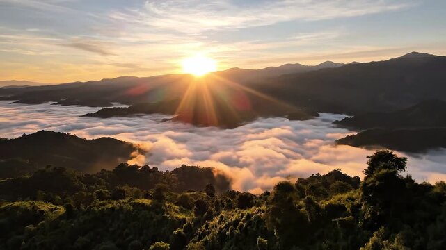 Beautiful sunrise over misty mountains and forest