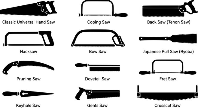 Saw & Hand Saw silhouette icon set, flat black glyph style, pure white background
