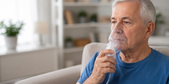Senior man using a nebulizer mask for respiratory treatment at home. Inhalation therapy, asthma, COPD, breathing support, pulmonary care and home healthcare concept