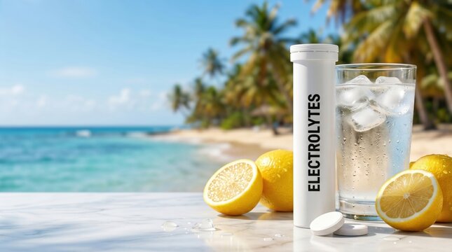 Electrolyte tablets with a glass of iced water and fresh lemons on a tropical beach. Hydration, mineral replenishment, sports nutrition