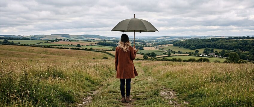 Rear View of Woman Holding Umbrella in Field