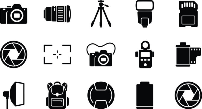 Photography equipment icons set cameras lenses tripods and accessories