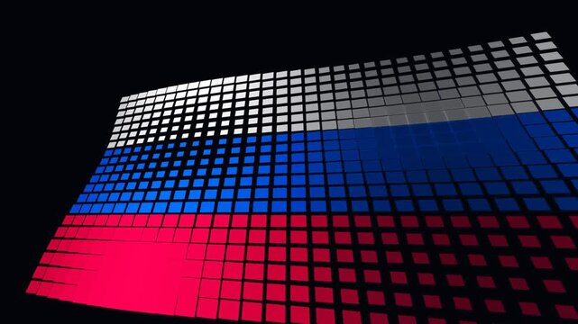 Dynamic digital Russian flag background with a modern pixelated and waving effect on a dark backdrop, symbolizing national identity and technology.