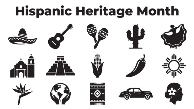 Hispanic Heritage Month icons, 15 black vector graphics, cultural symbols, Latino celebration elements
