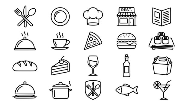 Restaurant and Cafe Line Vector Icon Set Featuring Cutlery Chef Hat Pizza Burger Wine Coffee and Catering Elements for Food Service Graphic Designs