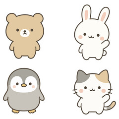 Fototapeta premium Cute kawaii baby animals bear rabbit penguin and cat illustration