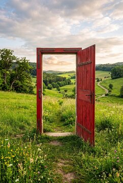 Open Red Door Leading to Green Meadow