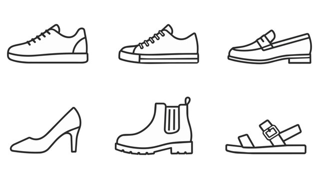Set of footwear line icons including sneaker, loafer, heel and boot