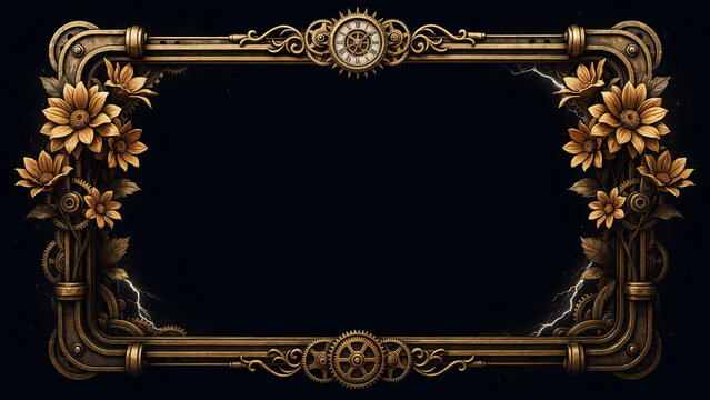 Ornate steampunk border with golden metallic gears and flowers on dark background