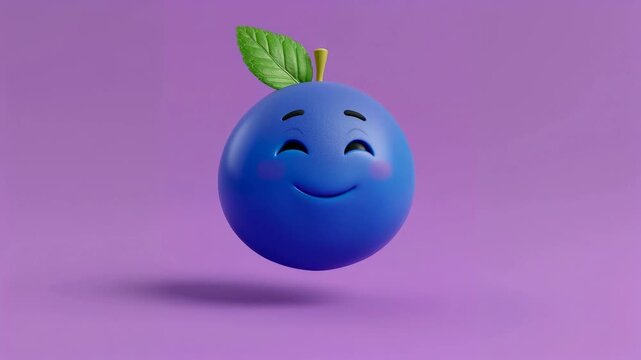 Animated blue fruit character with a smiling face and green leaf transitions from round to slightly squished shape against a purple background, showcasing playful expressions