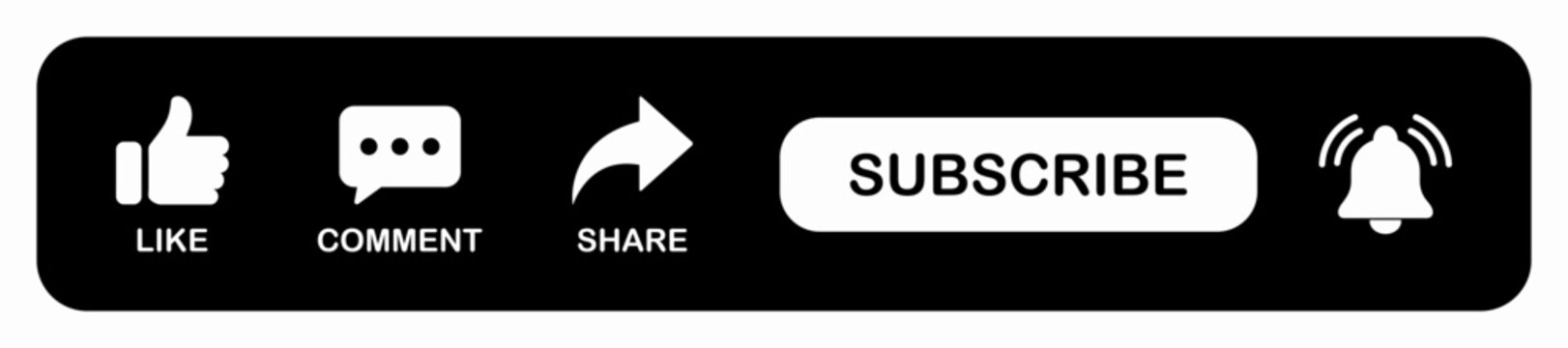 Subscribe button icon set with like, comment, share and notification bell symbols. Social media engagement icons for  channels, video creators and streaming platforms