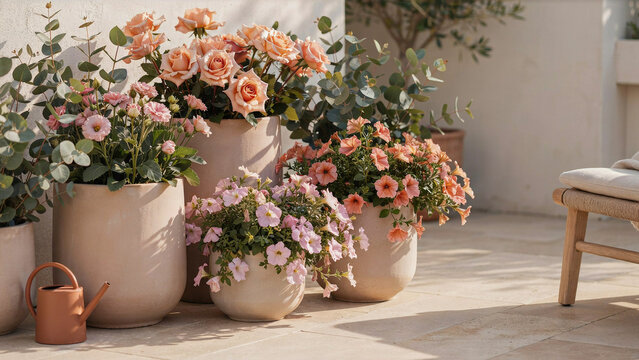 Sunlit garden terrace featuring elegant terracotta pots with blooming roses and petunias
