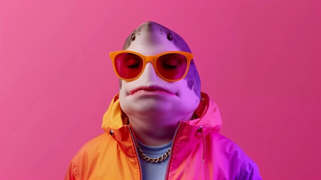 Cartoonish humanoid shark character wearing orange sunglasses and a colorful jacket poses against a vibrant pink background, showcasing a playful and whimsical appearance