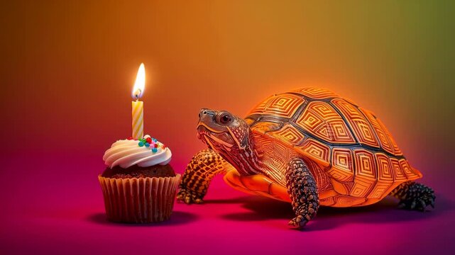 Colorful tortoise approaches a cupcake with a lit candle, showcasing a playful scene with vibrant background and festive elements in a whimsical setting