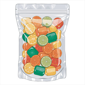 Assorted Colorful Hard Candy in Clear Zip Lock Stand Up Pouch Isolated,