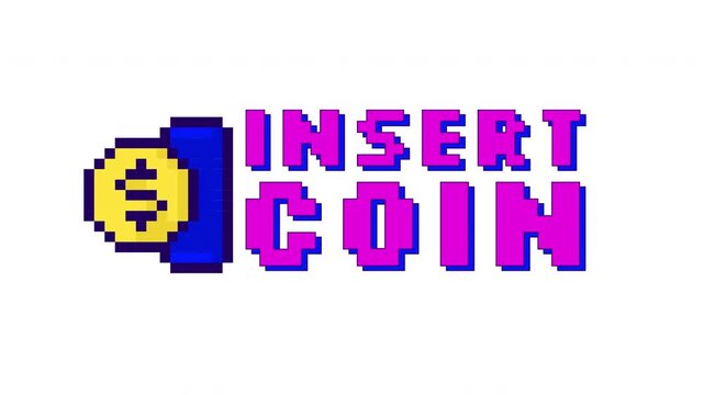Retro pixel art insert coin gaming reaction 2D animation. Pay to play. Start game in 8 bit style. Quarter slot nostalgia. Arcade culture. Cartoon animated overlay. Streaming platform motion graphic