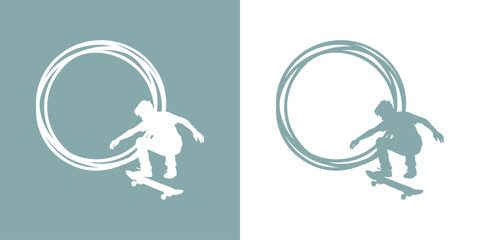Logotipo con marco circular con líneas con la silueta de un joven skater dando un salto en monopatín © teracreonte