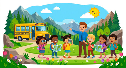 Fototapeta premium Happy children, kids, school bus, outdoor education, learning, teacher, nature