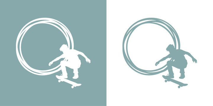 Logotipo con marco circular con l&iacute;neas con la silueta de un joven skater dando un salto en monopat&iacute;n