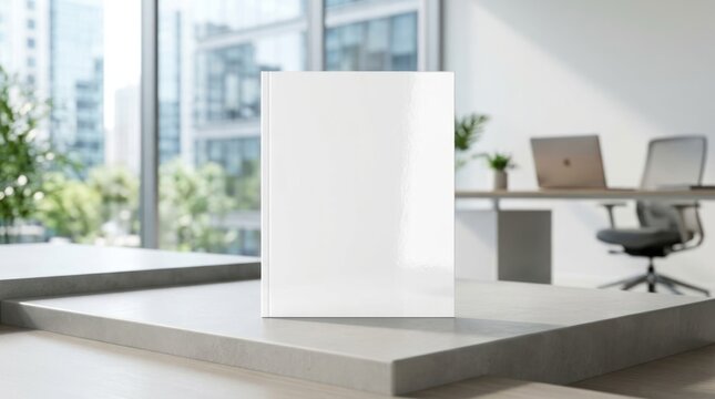 Blank cover displayed on platform in modern office interior with daylight