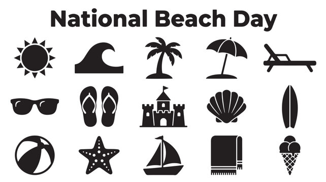 National Beach Day, beach icons, summer symbols, vector graphics, 15 black and white illustrations