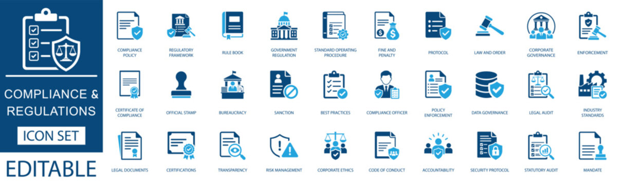 Compliance and regulations icon set. featuring Compliance, corporate governance, risk management, data governance and law. Vector icons for  legal audit,  Business policy, employee handbooks.