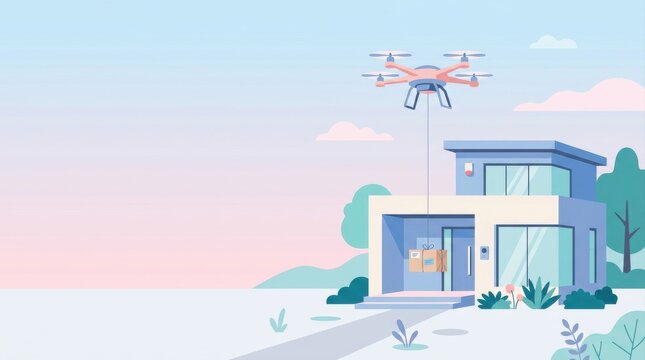Automated delivery drone dropping parcel at modern house