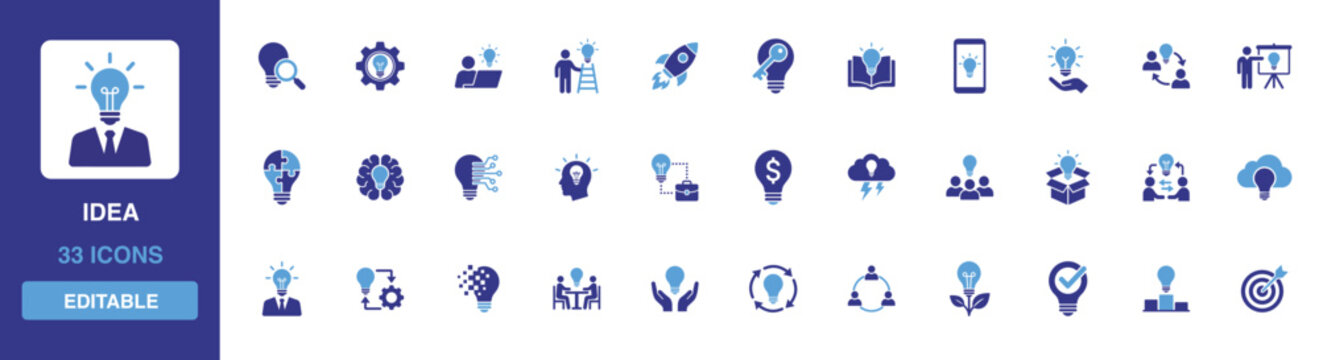 Idea icon set featuring creative brainstorming, innovative solutions, scientific research, logical reasoning and mental breakthrough glyph symbols for startup concepts.